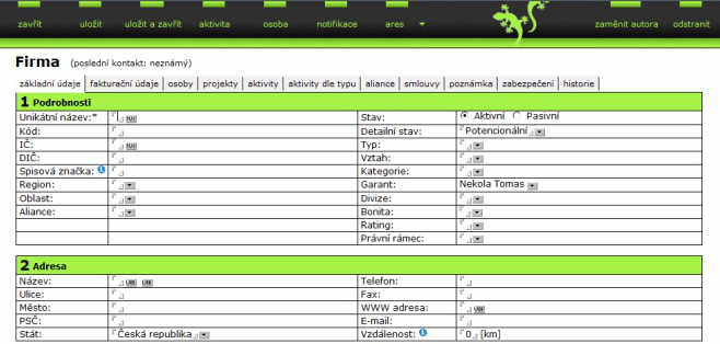CRM - ukázka z aplikace